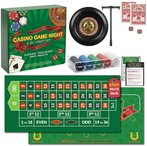 Casino Night 4-in-1 Complete Game Set with 2 Double-Sided Felt Layout Mats (36x72), 10 Roulette Wheel, 200 Chips, Cards, Dealer Button & Dice - Includes Texas Hold'em Poker, Blackjack, Craps