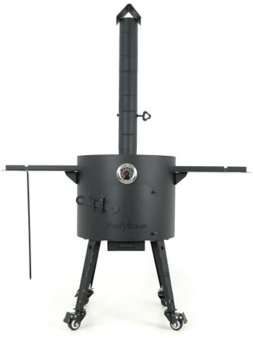 Horno de fuego Utschak Ø 40 cm para wok Kazan 12 L con tubo de extracción, termómetro, para cocina al aire libre, brasero y cañón de goulash, cocina uzbeka Plov Grill (horno con ruedas y estantes)