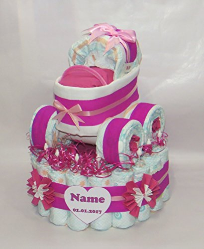Windeltorte mit Windelkinderwagen pink | Windelgeschenk Mädchen