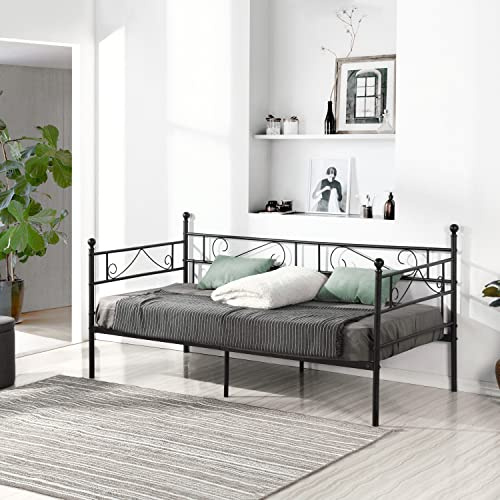 H.J WeDoo Klassisch Tagesbett Bettsofa Schlafsofa Einzelbett Metallbett Jugendbett Prinzessinnenbett Kinderbett Gästebett Bett Sofa 90x190cm Schwarz