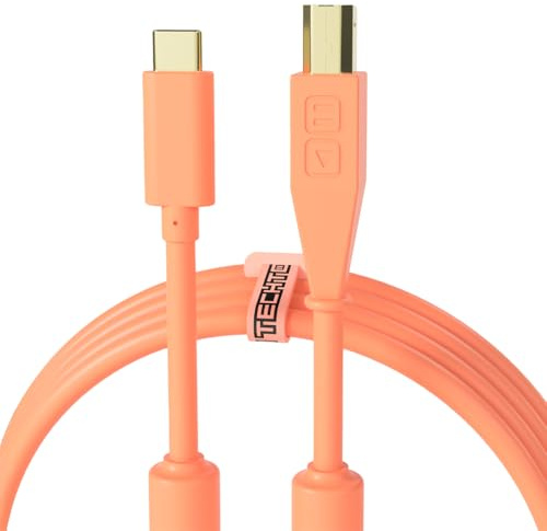 DJ Techtools Chroma Cable USB-C, Hochqualitatives Audio-optimiertes USB-C zu USB-B Kabel (vollständig geflochtene Abschirmung mit zwei Ferritkerndrosseln, Länge: 1.5m mit Klettverschluss), neon orange