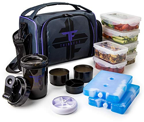 ThinkFit Borsa Porta Pranzo Isotermica 6 Contenitori per Alimenti - Senza BPA, Compatibile con Microonde e Freezer - con Tazza Shaker, Dosatore per Pillole, Tracolla e Tasca Portaoggetti (Viola)