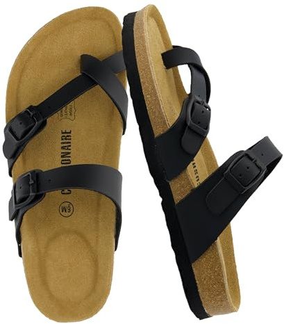 CUSHIONAIRE Luna Sandals for Women, Cork Footbed Womens Sandals for Summer Comfort with Adjustable Straps, Wide Width Available, BLACK 9