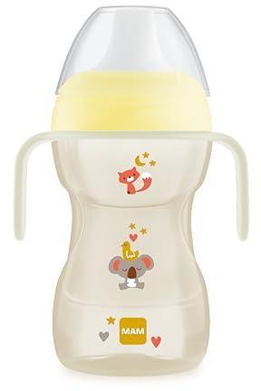 MAM Vaso de Aprendizaje, a partir de 8 Meses, 270ml, para la Transición al Vaso Normal, Boquilla Dura con Válvula Extraíble Antiderrames, con Asas que Brillan en la Oscuridad, Neutro, Pack 1ud