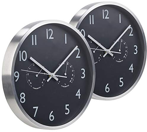 St. Leonhard Wandfunkuhr: 2er-Set 3in1-Funk-Wanduhr mit Thermometer & Hygrometer, aus Aluminium (Wanduhr geräuscharm, Funkwanduhr geräuschlos, Schlafzimmer)