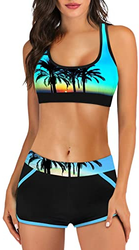 Kielsjajd Bikini Damen Sport Push Up Oberteil Polster Badeanzug Zweiteiler Frauen Shorts Bikini Set Pads Strand Schwimmen Bademode 2 Teilig Damen Tankini Set zweiteilig Bauchweg mit Hot Pants