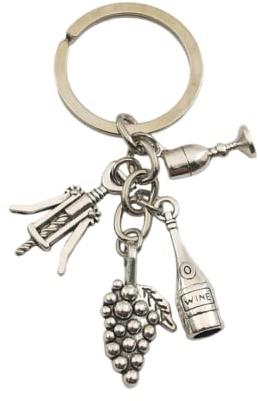 Porte-clés bouteille de vin, verre à vin, décapsuleur et grappe de raisin,Porte-clés vin rouge blanc,Porte-clés pour amateurs de vin,Porte-clés unisexe pour homme et femme, argent, XL