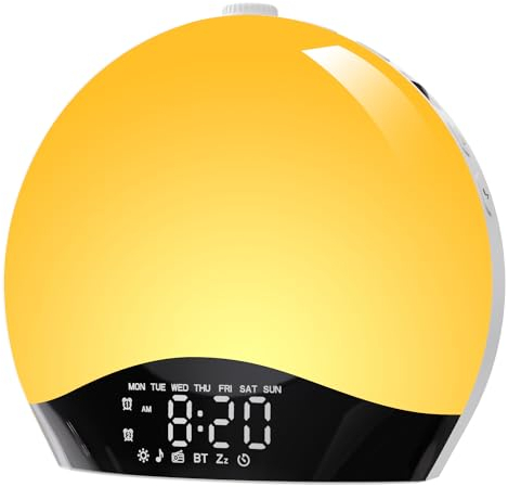 Sunrise Alarm Clock, Bluetooth Speaker Wake Up Light Night Light with 16 Colors, Sunrise/Sunset Simulation Dual Alarms and Snooze Function, 7 Natural Sounds, FM Radio, Bedside Lamp for Kids Adult.