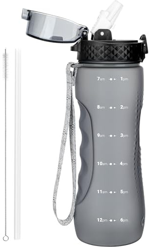 OLDLEY 750ml/25oz Water Bottles with Straw BPA Free Tritan Water Bottles for Gym School Sports Outdoor Leakproof Time Markings Durable Drink Bottles for Adult Kids Women Men(Grey, 1 Lid)