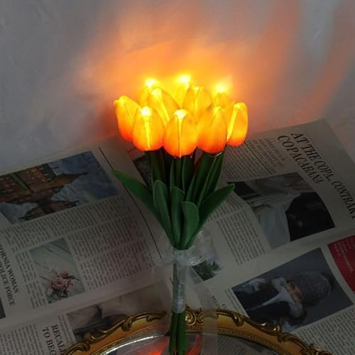 EONANT 10 tulipani fiori artificiali con luci a LED, bouquet di tulip, funzionamento a batteria, Natale, vacanze, matrimonio, fotografia, decorazione per la casa, regali creativi (arancione, 10 pezzi)