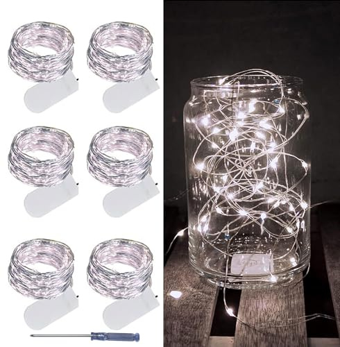 LAMPHOME 6 Pack Fairy Lights Battery Operated String Lights 6.6ft 20 Led Mason Jar Lights Waterproof Silver Wire Light Fireflies DIY Party Wedding Christmas Decoration(6 Pack,White)