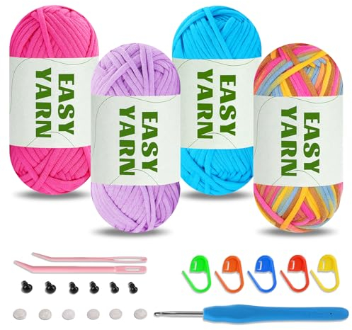 4 X 50g Wolle zum Häkeln Dickes Garn, Schlauchgarn Cotton Chenille Plüschwolle Baumwolle Zum Häkeln Dicke Wolle gut Sichtbare Maschen, Häkelwollefür Anfänger Dickes Garn Baumwoll-Nylon