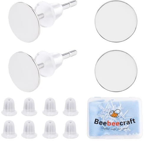 Beebeecraft 1 caja 20 piezas 925 postes Y Parte Posterior de Aretes de Plata de Ley Almohadilla Plana Poste para Aretes con 50 tuercas Y 1 paños de Pulido de Plata para Kit (Bandeja: 8 mm)