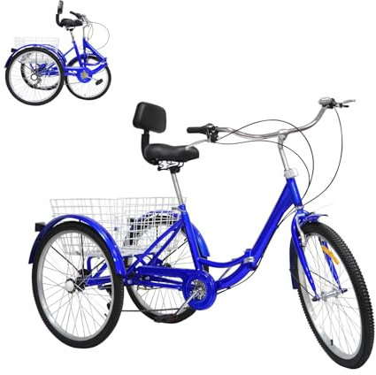 24inch Foldable Adults Tricycle Trike for Adults Tricycle 7-Speed Three Wheels Cruiser Bikes Carbon Steel, Three Wheeler Cargo Bicycle with Shopping Basket Backrest for Elderly Outside Shopping