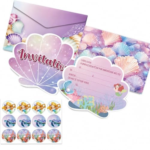 Xiciki 12 biglietti d'invito a forma di sirena con conchiglie francesi con buste e adesivi, invito a tema sirena con buste, adesivi, biglietti d'invito per compleanno festa.