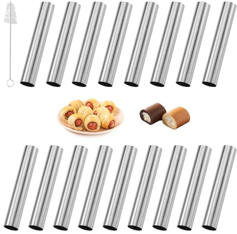 17 stycken cannoli-bakform, rostfritt stål skumrulleform, liten, bakformshorn, non-stick skillform rostfritt stål, cannoli-rör med rengöringsborste 12 cm, för skillerlockar cannoli såghorn