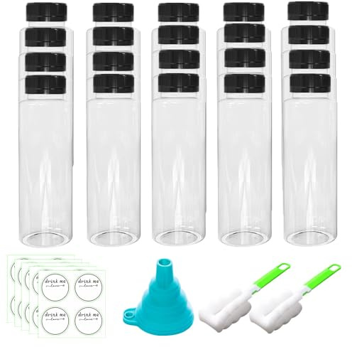 Wanfoou - 20 botellas de plástico con tapas, jugo de 250 ml en botellas reutilizables con etiquetas, jugo vacío transparente a granel