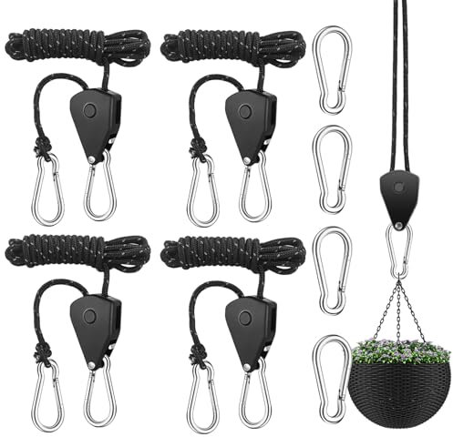 GENHH 4 Stück Ratchet Hanger, 68 kg Seilratsche mit Haken, 2 m Einstellbare Seil Seilhaken mit 4 Ersetzend, Ratschenseil Seilzugratsche Ratschenhaken für Pflanzenfächer Leichte Zimmerpflanzen Camping