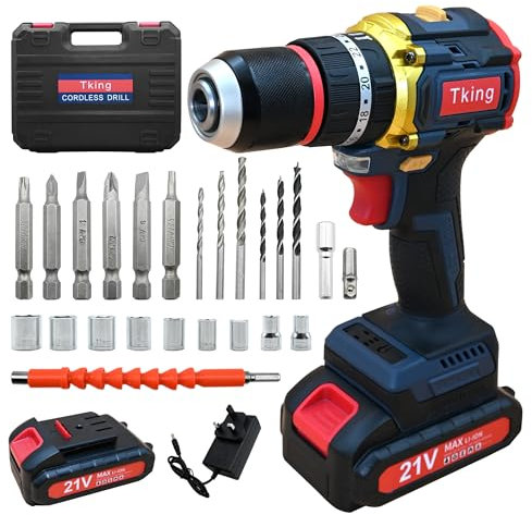 Tking Cordless Drill Driver Impact Tool Set 2X Batteries Charger Power Drills 21V Combi Drill Handheld Electric Screwdriver Kit LED Dual-Speed 45Nm Torque 25pc Bits Case (Cordless Drill/Blue)