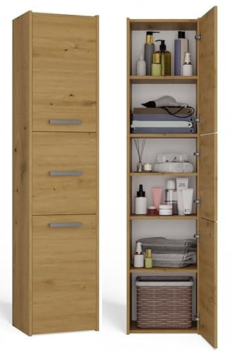 BDW - Armario de Baño Corredera - Armario de Baño Alto - 170x40x30 cm - 3 x Puertas con Tiradores, amplios estantes en el Centro, Lado de Apertura de la Puerta Seleccionable - Roble Artesano