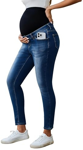 Ecavus Women's Maternity Jeans Over Belly Stretchy Skinny Denim Pregnancy Pants Maternity Clothes with Pockets