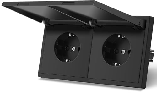 MVAVA Enchufe Schuko estándar EU de 2 tomas, enchufe empotrado para ambientes húmedos, negro, instalación sencilla, 80mm*150mm, 3 cables necesarios