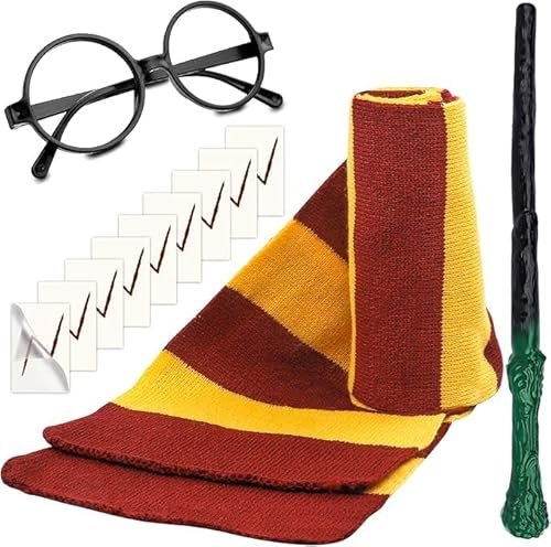 Fartoni Déguisement Sorcier Accessoires – Set avec Écharpe à Rayures, Lunettes Rondes Sans Verres et 12 Tatouages Temporaires – Costume Sorcier Enfant et Adulte, Halloween, Carnaval et Cosplay