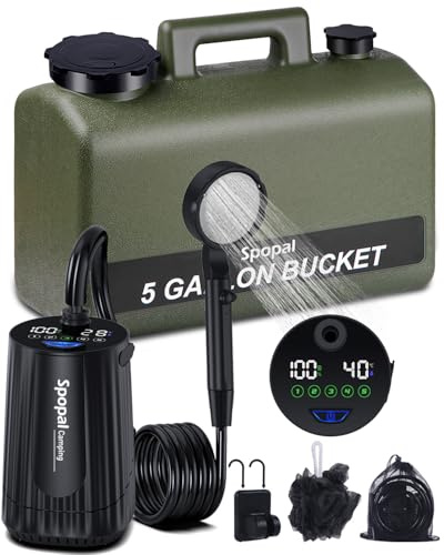 Spopal Ducha Portatil Camping, [Pantalla Temperatura] 10000mAh Recargable Ducha Camper con 20L Garrafa Agua de Plástico, Modo de 5 Velocidad, Ducha Electrica para Acampar, Ducha de Playa & Perros