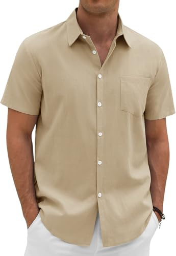 Lonya Chemise Lin Homme Manches Courtes Casual Été Chemisette Leger Plage Boutonnée Coupe Régulière Classique Solid Décontracté Tee Shirt, Kaki, M