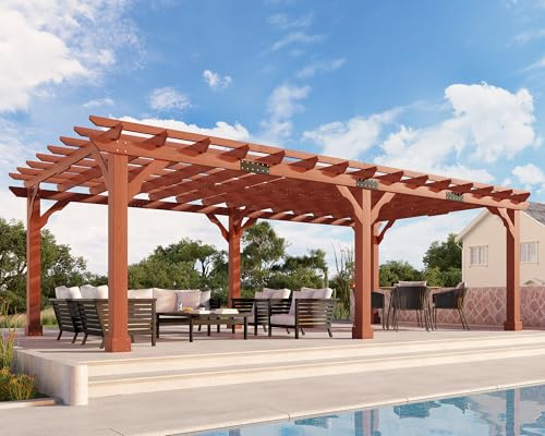 Jocisland 12x24 FT Premium Cedar Wood Pergola with Trellis Roof & Weather-Resistant Support, Outdoor Pergola Kit with Stakes, Garden Gazebo for Patio, Backyard & Events, Reddish-Brown