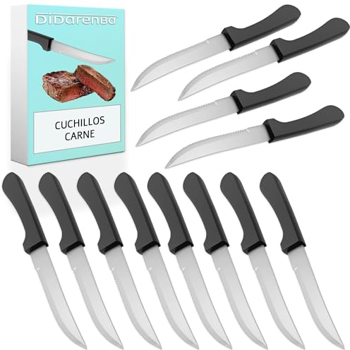 Didarenba Cuchillos carne mesa de acero inoxidable 12 uds – Siempre afilados con filo sierra – Corte sin esfuerzo para bistec y chuletón – Ideales para familias y restaurantes – Aptos lavavajillas