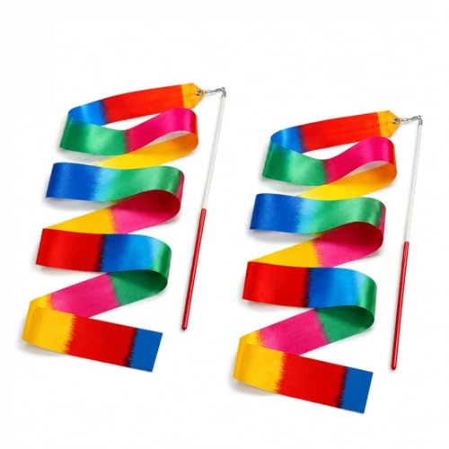DCYQAIN 2Pcs 2M Rhythmic Gymnastics Dance Ribbons, Rainbow Dance Streamers with 30cm Twirling Batons, for Adults Artistic Dancing, Circus Shows, Baton Twirling & Performance Props