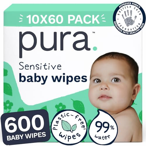 Pura Salviette Umidificate per Bambini, Multipack da 600 Pezzi, Extra Morbide, 3 Strati, 99% Acqua, Senza Plastica, Vegane, Senza Sostanze Tossiche, per Pelle Sensibile e a Tendenza Eczematosa