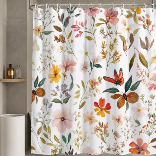 Duschdraperi 120 x 200 cm – rosa – duschdraperier vattentätt textilpolyestertyg – tvättbart snabbtorkande duschdraperier med 12 krokar och vikt nedtill – litet blommönster badrumsgardin W-P423