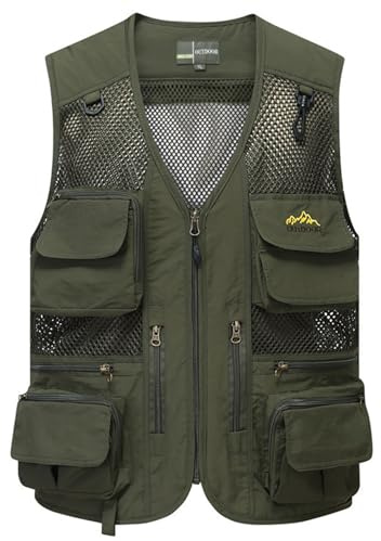 Flygo Men's Mesh Fishing Vest Multi-Pockets Quick-Dry Breathable Waistcoat for Outdoor Hunting Travels Sports (Medium, Army Green)