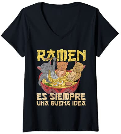 Mujer Gatos Palillos Comida Japonesa Otaku Kawaii Fideos Ramen Camiseta Cuello V