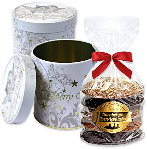 Weihnachtsdose Weiß gefüllt - 5 Elisenlebkuchen gemischt 400g - Geschenkdose weiss für Weihnachten & Winter Keksdose Plätzchendose Lebkuchendose Geschenkedose Lebkuchenwelt