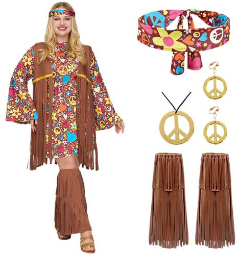 Spooktacular Creations Set Costume Hippie da Donna Fascia per Capelli Orecchini Abito Gilet Calzini Copristivali Abbigliamento Hippie Anni '70 per Halloween Dress Up Party Cosplay-L