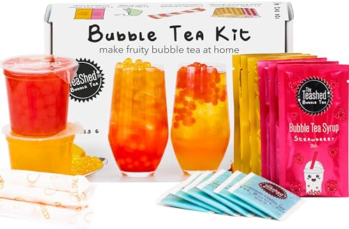 Fruit Bubble Tea Kit Gift Box | 6 Servings | Set Includes Mango and Strawberry Syrups, Cherry and Peach Popping Boba, Tea Bags and Paper Straws | by THE TEASHED