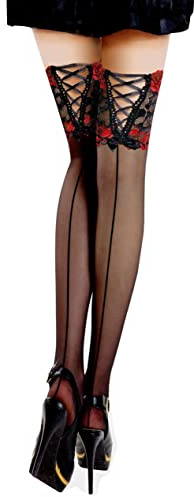 PrettyLoveHose Bas Lacet Noeud Noir Couture Dentelle Motif Floral Rouge (Voile, Résille) (Voile)