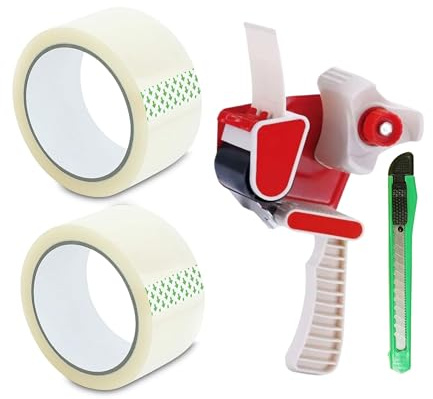 Home & Treat 2 X Clear Packing & Parcel Tape for Boxes ( 2 Rolls Tape, 1 Dispenser, 1 Cutter ) Size (60 Mic, 48mm x 66m) Heavy Duty Strong Sticky for Box Packaging & Moving House
