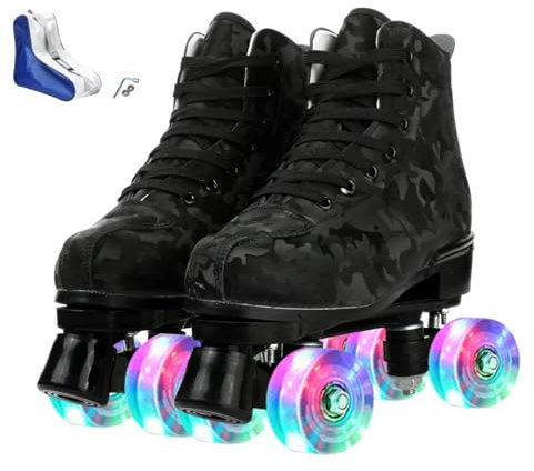 XUDREZ Roller Skates Women Men High-Top Light Up Roller Derby Skates Double Row Roller Skates Unisex Boys Girls for Beginner Indoor Outdoor with Shoes Bag (Black camouflage flash wheel, 42)
