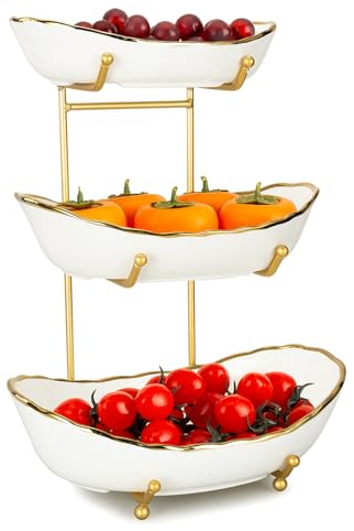 XUDREZ 3 Tier White Fruit Bowl for Kitchen, Ceramic Bowl with Metal Stand Tiered Basket Stand for Fruit Snacks Bread Nuts Candy Salad Vegetable Storage