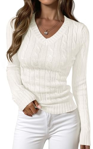 PRETTYGARDEN Womens Cable Knit Fitted V Neck Sweaters Tops(White,L)