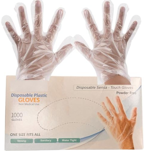1000 x Disposable Polythene, PE, Plastic Gloves for Food handling, Cleaning, Cooking, Food Counters, Crafting, Hair Dye, Sanitary, Multipurpose, Powder Free One Size Fits Most Box of (Gloves, 1000)