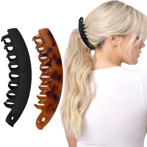 Banana Hair Clip, Fishtail Hair Clips, Vintage Clincher Combs Too, Double Comb Long Clips, Strong Holder Claw Clips for Women and Girls (Coffee color+Black, 2 Pcs)
