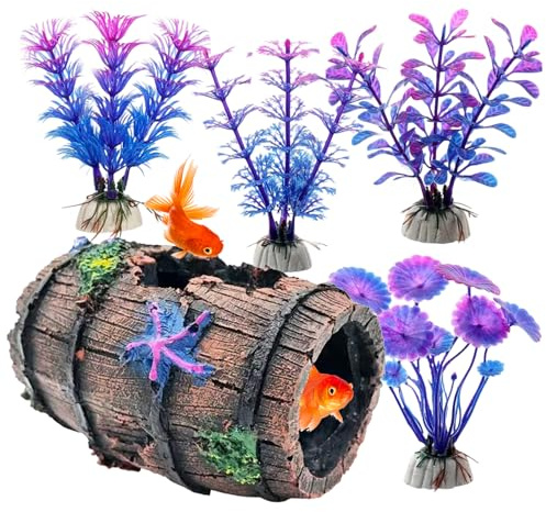 LZYDKH Fish Tank Decorations, Fish Tank Accessories Aquarium Ornaments Aquarium Broken Barrel Cave Decor Broken Barrel Cave Decor Hideout Aquariums Ornaments with 4 Aquatic Plants
