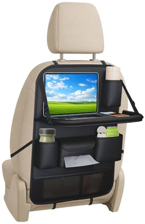 VEHRIIE Organiseur Auto Siège Auto avec Table Rabattable – Protection Dossier Siège Auto Enfant, 3-en-1 Range-Siège, 8 Compartiments, 4mm Cuir Premium – Accessoires Auto Intérieur (Noir)