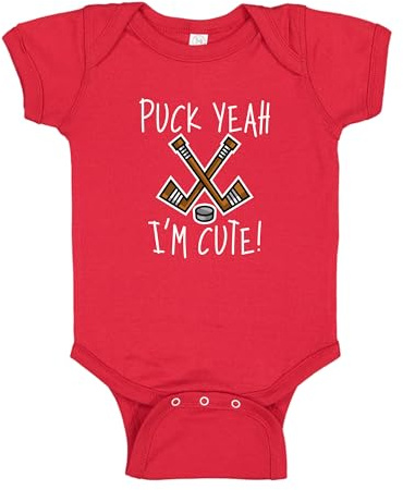 Puck Yeah I'm Cute Hockey Baby Bodysuit One Piece NB Red