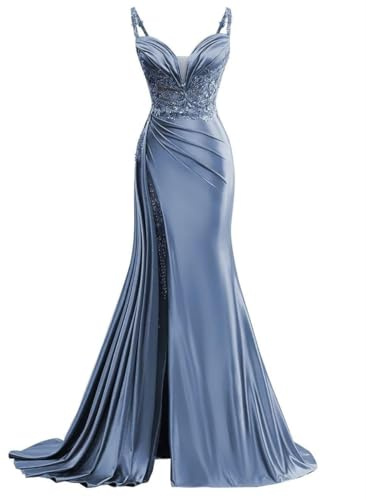 Vestidos de dama de honor con apliques de encaje para mujer con abertura, vestido de cóctel de satén sólido, talla grande, Dusty Azul, 46
